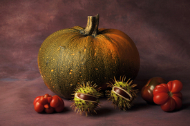 Herbststilleben mit Tomaten Kürbis und Kastanien/11817145