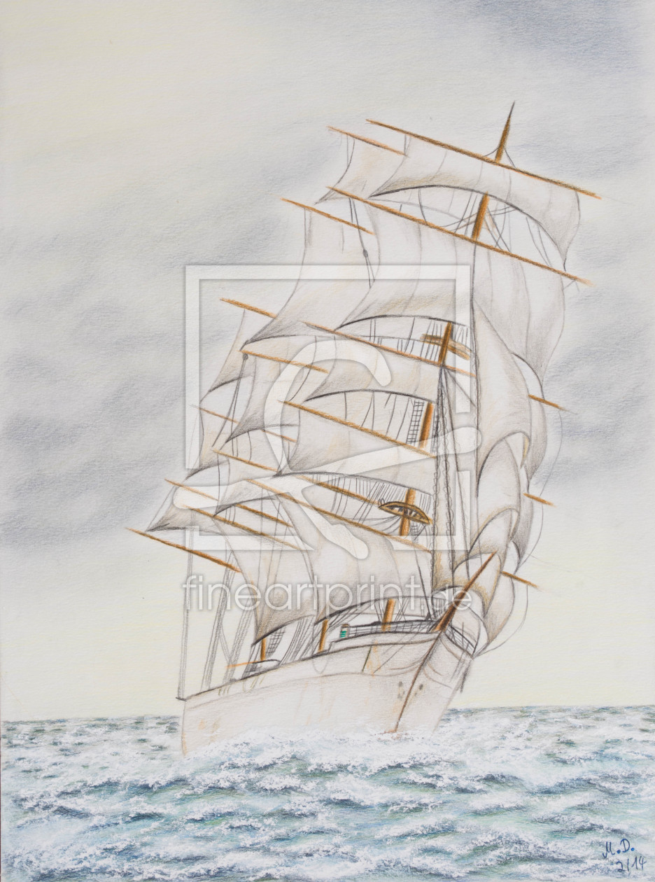 Segelschiff- Zeichnung mit Polychromosfarbstiften und