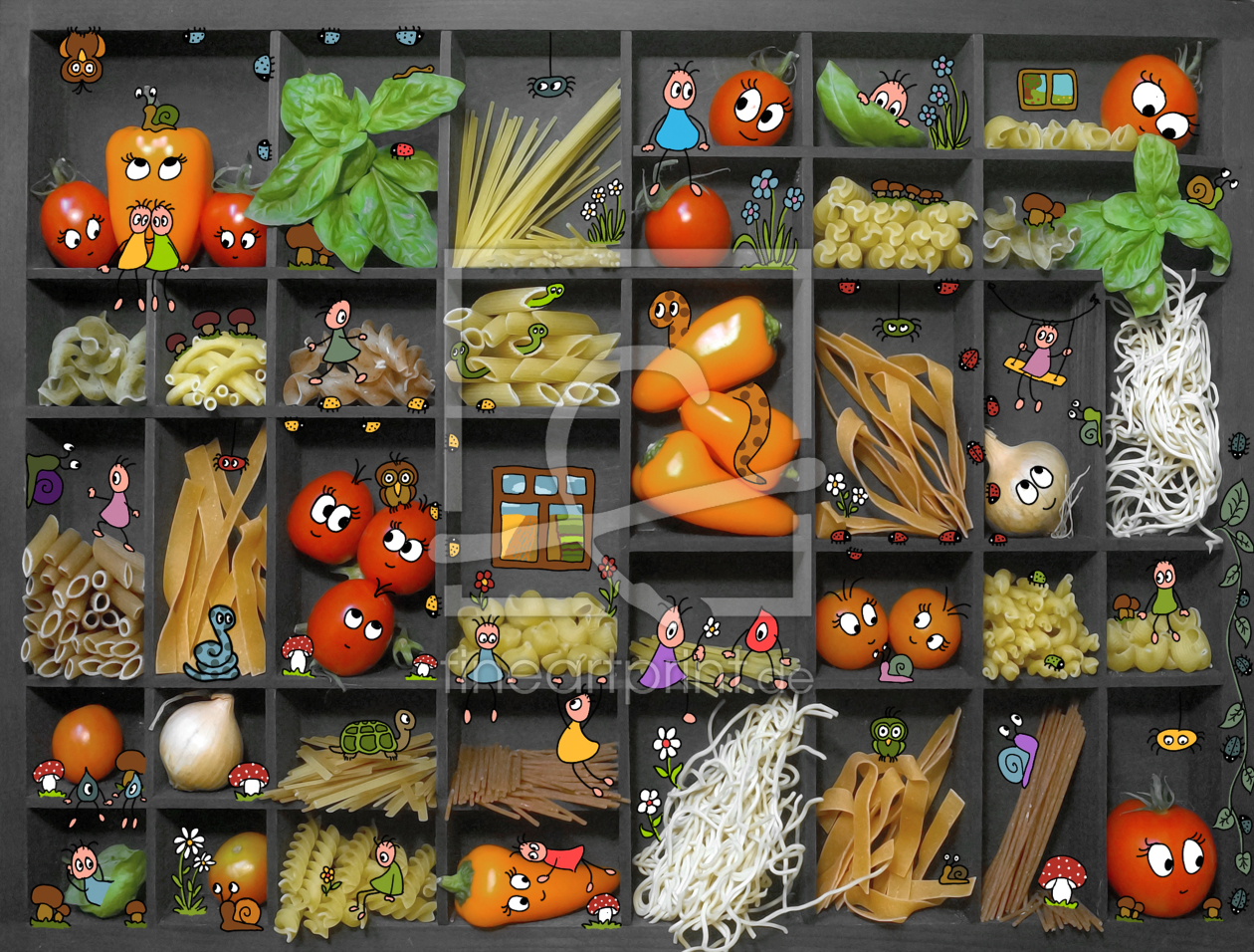 Bild-Nr.: 11594032 Pankies lieben Pasta - Pankie-Wimmelbild im Setzkasten erstellt von Heike Langenkamp