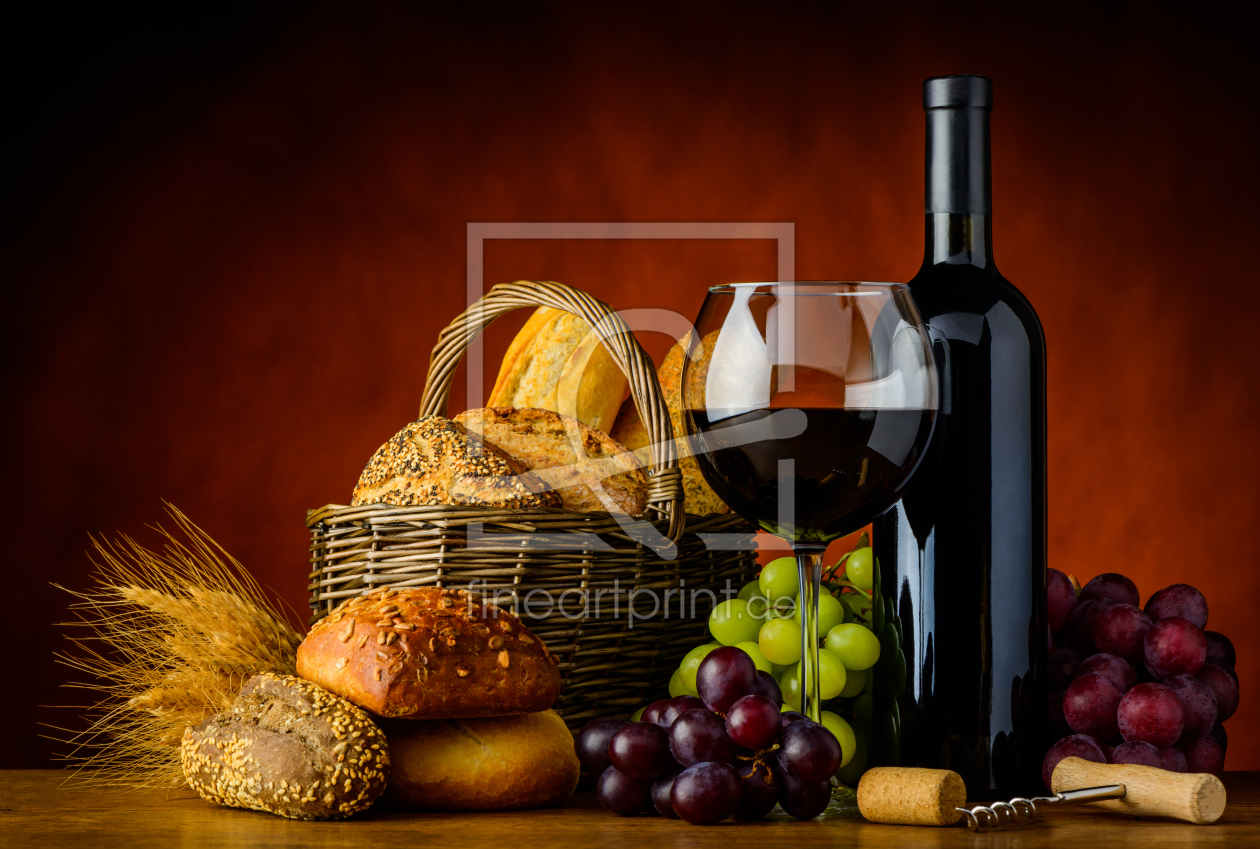 Bild-Nr.: 11909386 Rotwein mit Brot im Rustikalen Stillleben erstellt von xfotostudio