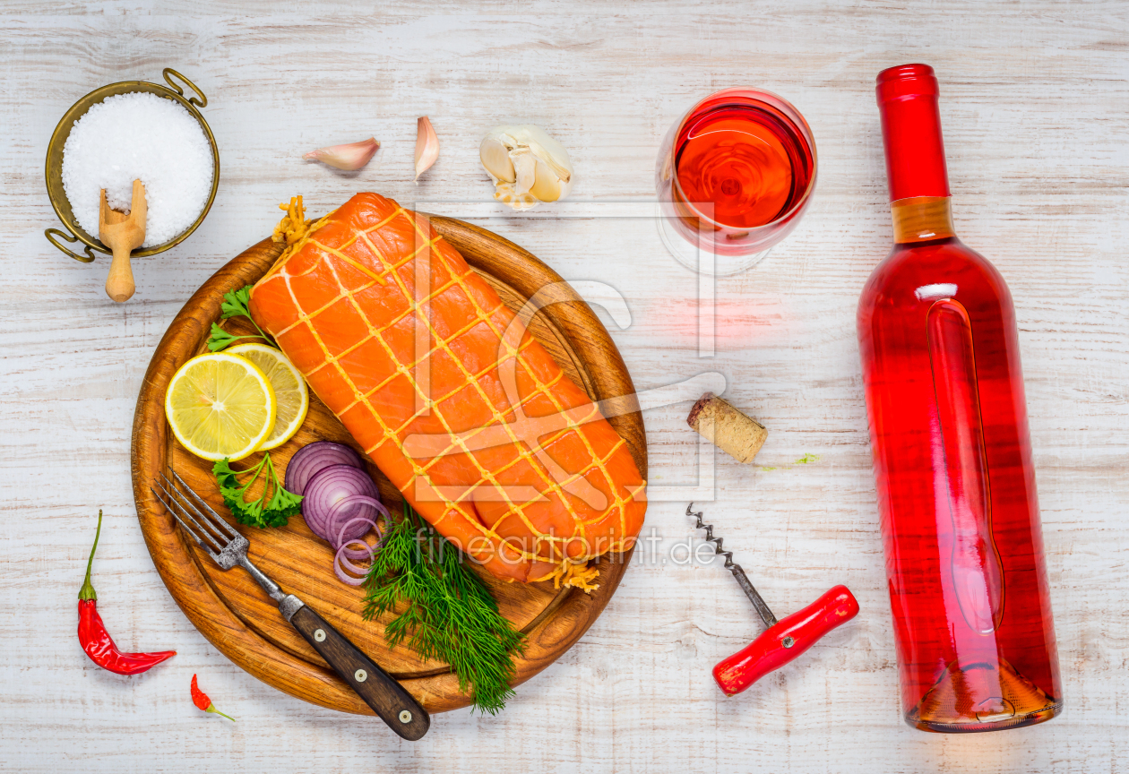 Bild-Nr.: 11920373 Stillleben mit Geräuchertem Fisch Lachs und Wein erstellt von xfotostudio