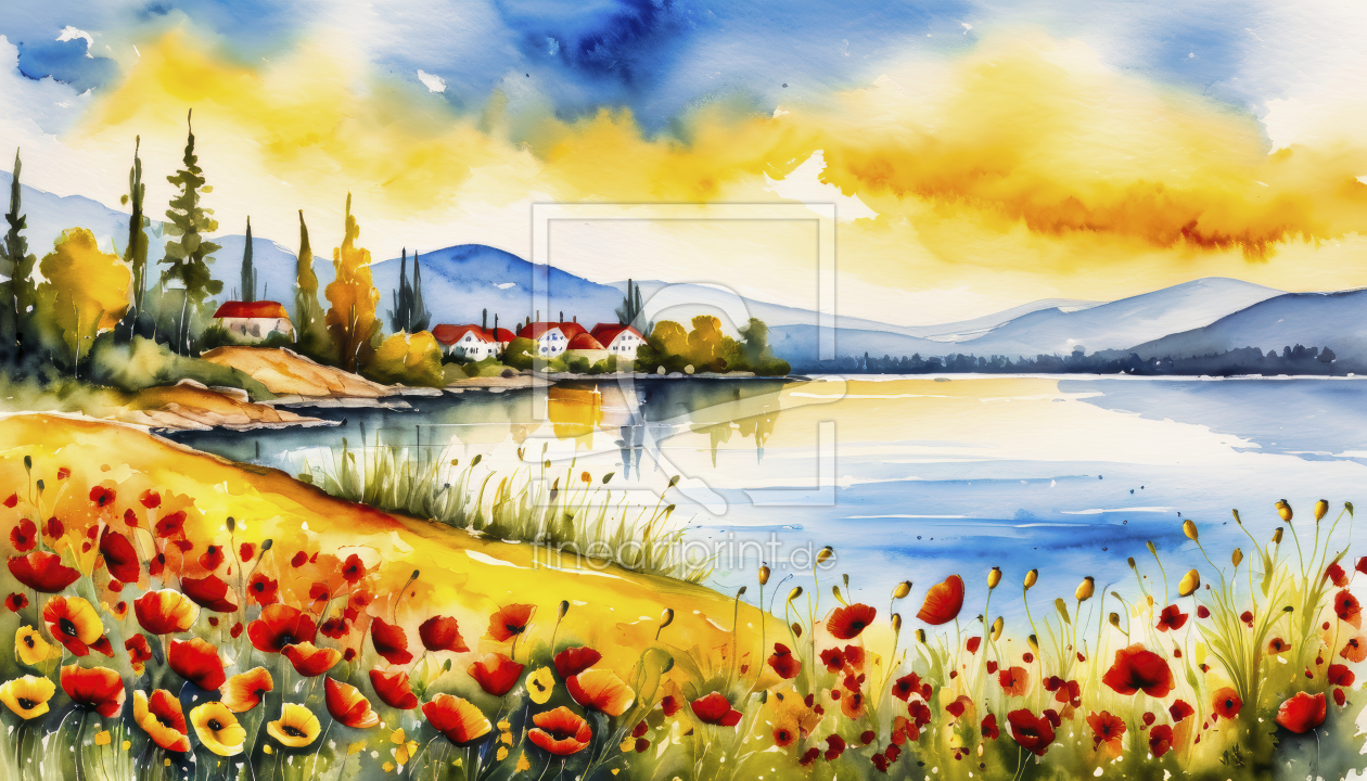Bild-Nr.: 12836787 Seelandschaft Dorf Mohn KI erstellt von XYRIUS