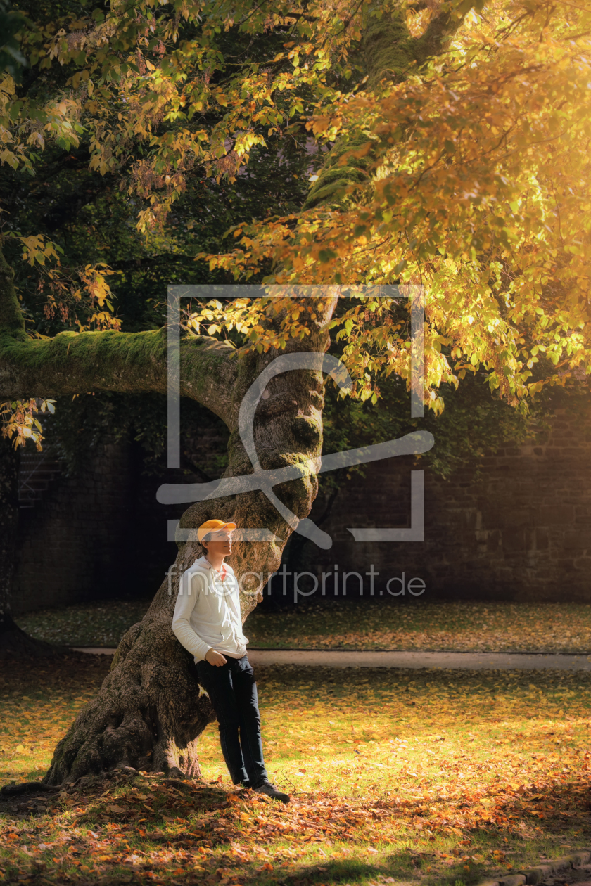 Bild-Nr.: 12905786 Mann lehnt an knorrigen Baum im herbstlichen Park erstellt von Smileus
