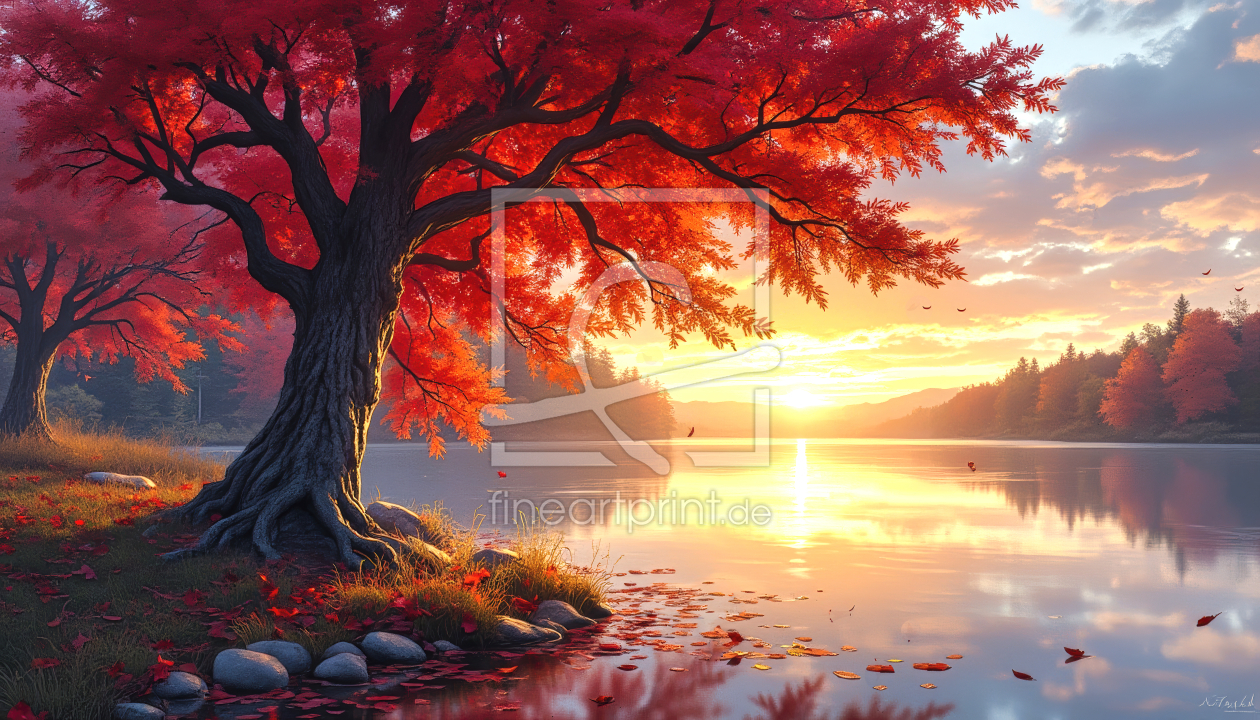 Bild-Nr.: 12909270 Ahornbaum am See mit Sonnenuntergang KI erstellt von XYRIUS