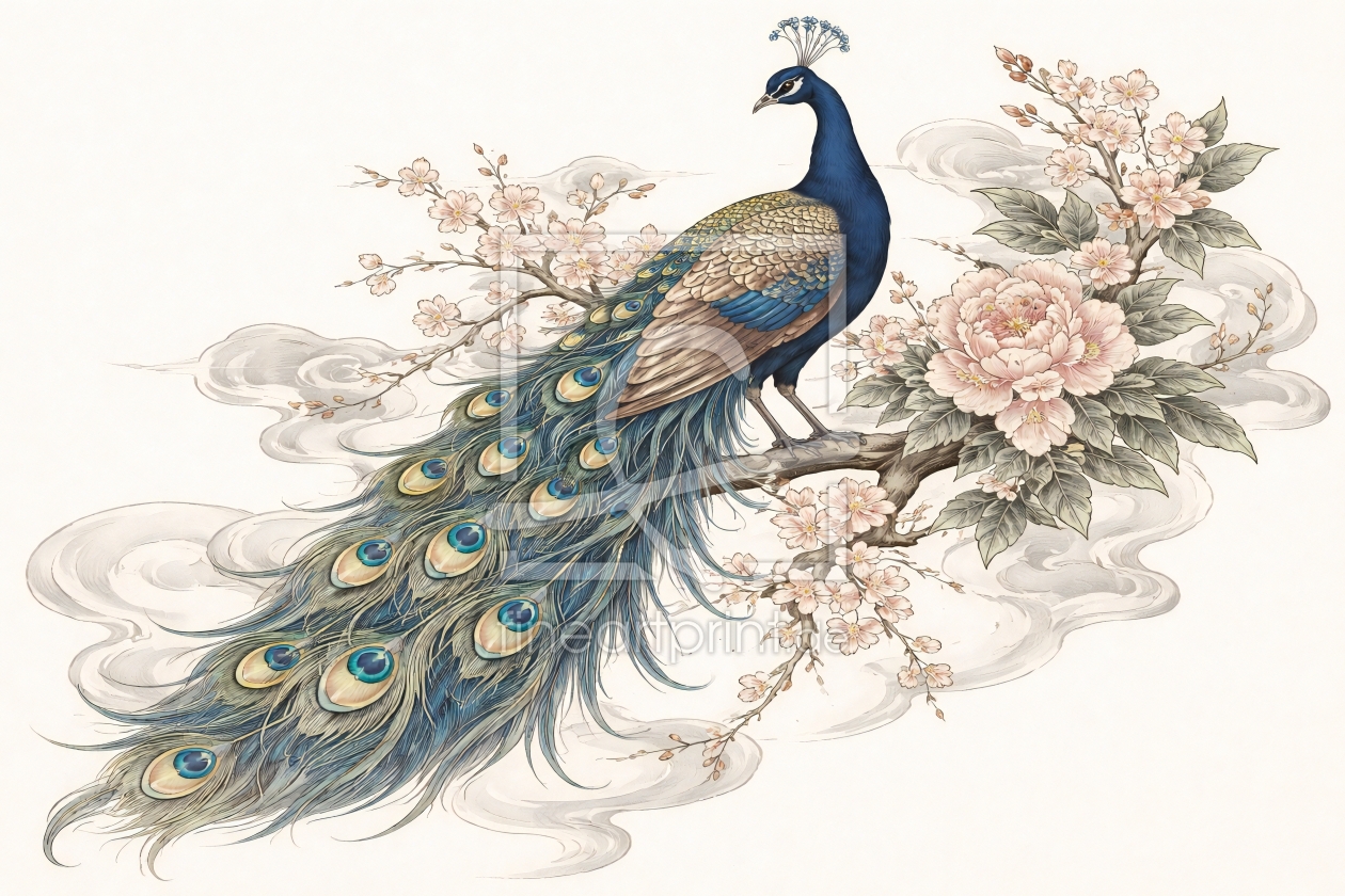 Bild-Nr.: 12939414 Eleganter Pfau auf blühendem Kirschzweig   erstellt von gabii40