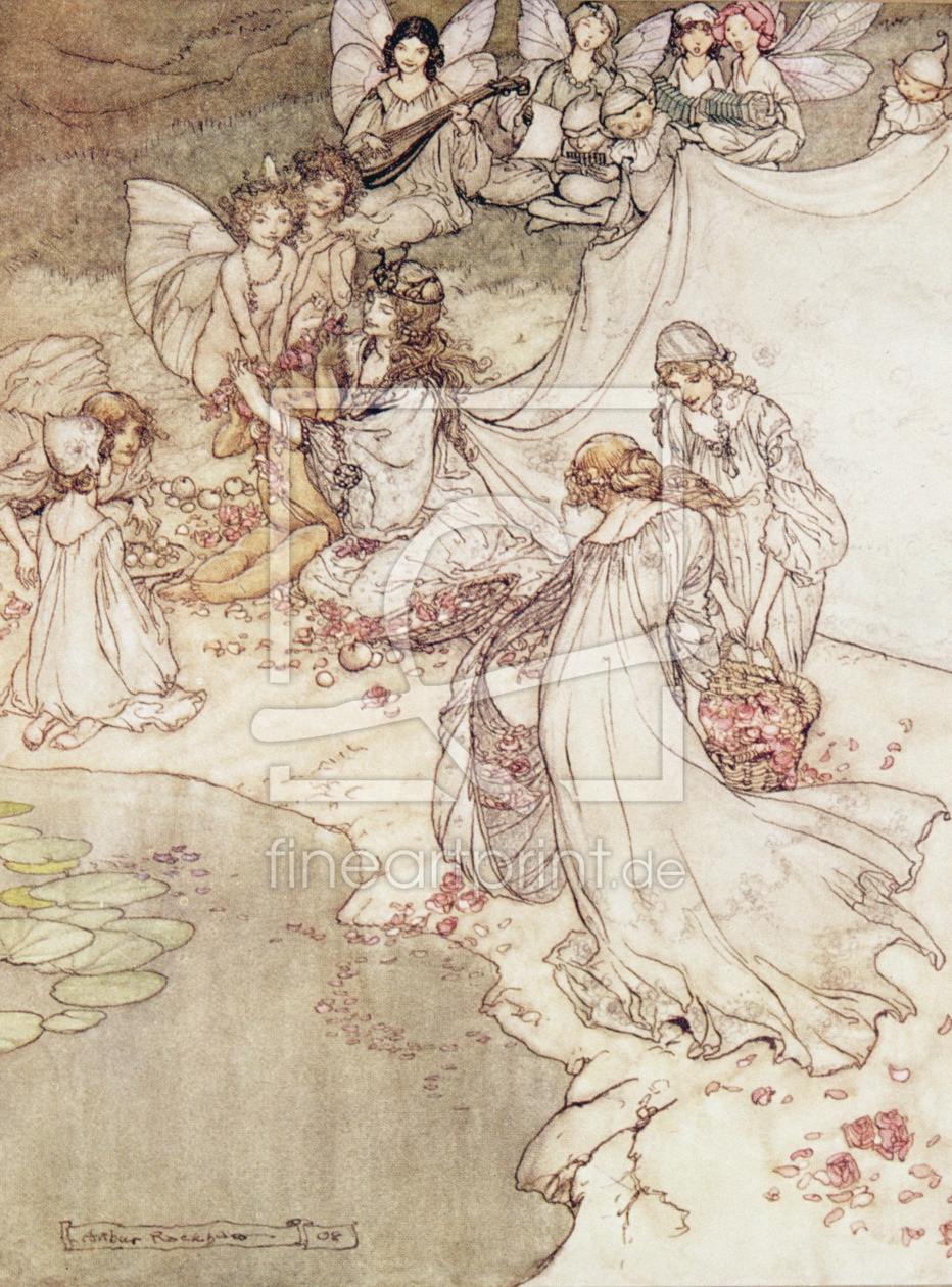 Bild-Nr.: 31001454 Illustration for a Fairy Tale, Fairy Queen Covering a Child with Blossom erstellt von Rackham, Arthur