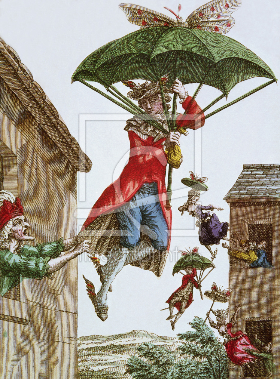 Bild-Nr.: 31001925 Held Aloft by Umbrellas and Butterflies, Men and Women Fly Out of Windows erstellt von Anonyme Künstler