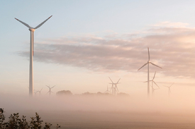 Windräder im  Nebel bei Sonnenaufgang/12015108