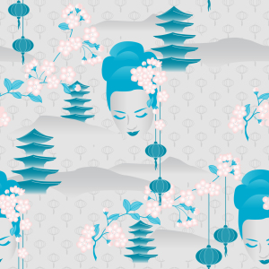 Bild-Nr: 9000960 Kirschblüten Geisha Cyan Erstellt von: patterndesigns-com