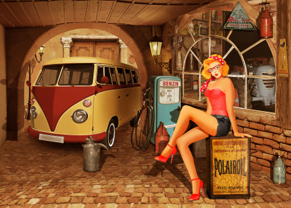 Bild-Nr: 11883356 Pin Up Girl in nostalgischer Werkstatt Erstellt von: Mausopardia