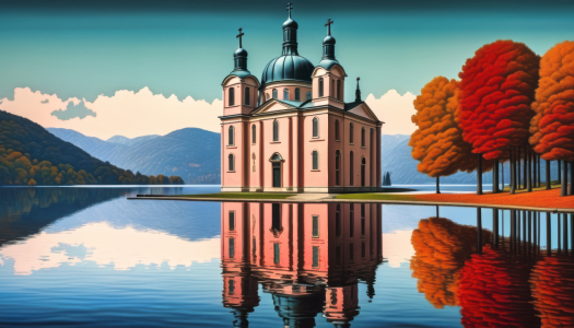 Bild-Nr: 12835100 Kirche am Seeufer im Herbst KI Erstellt von: XYRIUS