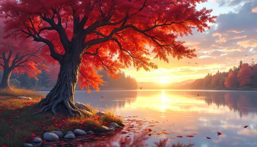 Bild-Nr: 12909270 Ahornbaum am See mit Sonnenuntergang KI Erstellt von: XYRIUS