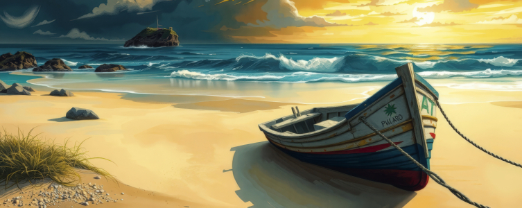 Bild-Nr: 12923798 Boot am Strand mit Sonnenuntergang KI Erstellt von: XYRIUS