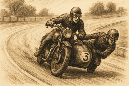 Bild-Nr: 12933462 Historisches Motorrad-Renngespann KI Erstellt von: gabii40