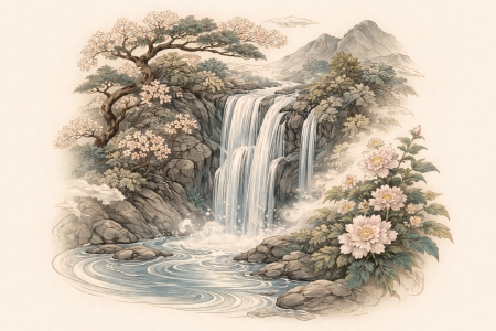 Bild-Nr: 12939612 Harmonischer Wasserfall im Kirschblütengarten KI Erstellt von: gabii40