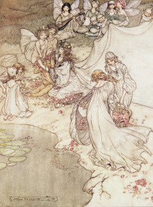 Bild-Nr: 31001454 Illustration for a Fairy Tale, Fairy Queen Covering a Child with Blossom Erstellt von: Rackham, Arthur