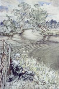 Bild-Nr: 31001456 Izaak Walton reclining against a Fence, from 'The Compleat Angler' by Izaak Walt Erstellt von: Rackham, Arthur