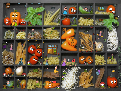 Bild-Nr: 11594032 Pankies lieben Pasta - Pankie-Wimmelbild im Setzkasten Erstellt von: Heike Langenkamp