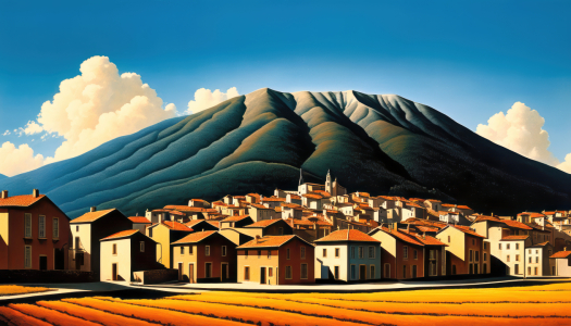 Bild-Nr: 12829029 Bergdorf unter dem Vulkan KI Erstellt von: XYRIUS