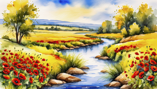 Bild-Nr: 12836784 Flusslandschaft mit Mohn KI Erstellt von: XYRIUS