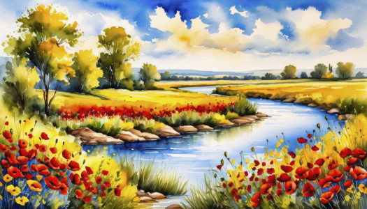 Bild-Nr: 12836786 Flusslandschaft Wiese Mohn KI Erstellt von: XYRIUS