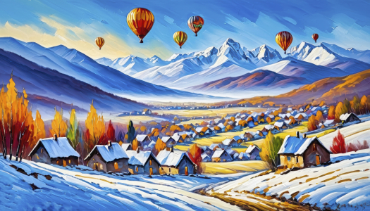 Bild-Nr: 12849953 Ballonfahrt über ein verschneites Dorf KI Erstellt von: XYRIUS