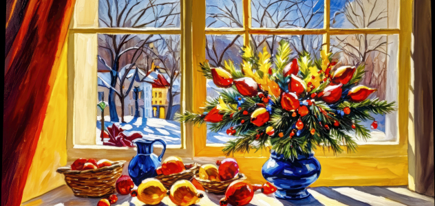 Bild-Nr: 12853711 Weihnachtsstrauß am Fester KI Erstellt von: XYRIUS