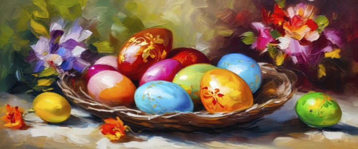 Bild-Nr: 12884018 Bunte Ostereier im Korb KI Erstellt von: XYRIUS