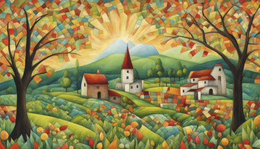 Bild-Nr: 12841291 Sonnenuntergang im Dorf KI Erstellt von: XYRIUS