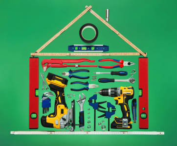 Bild-Nr: 12876828 Werkzeuge in Form eines Hauses auf Grün Erstellt von: Smileus